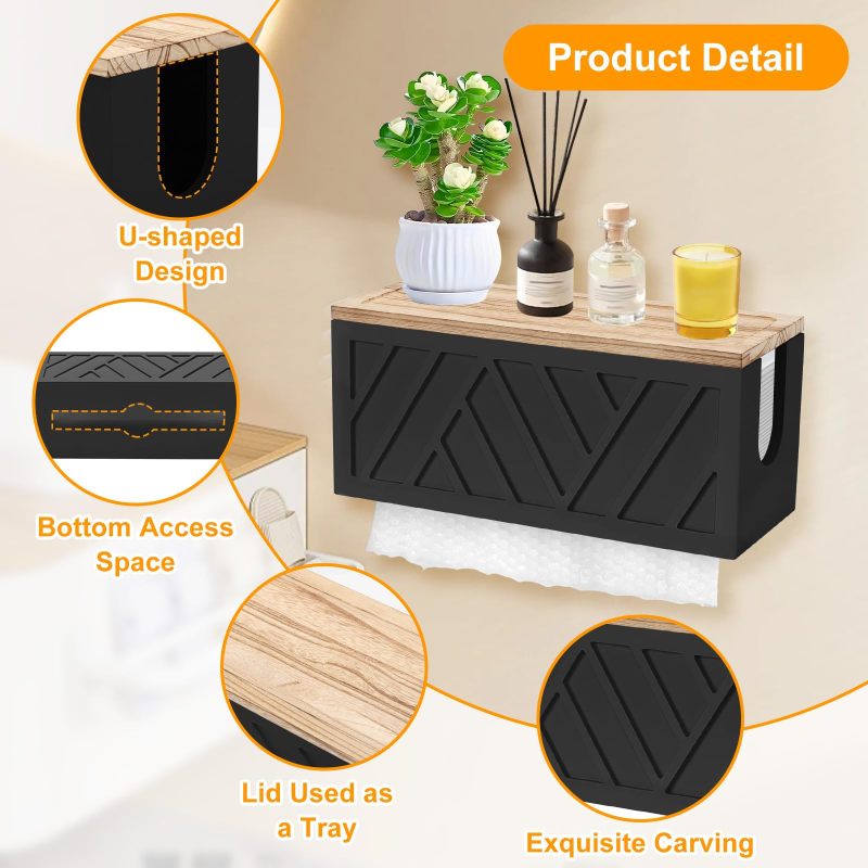 Paper Towel Dispenser 12 x 4.92 x 5.51 Inch Black Wall Mounted Napkin Holder - Space-Saving Dual-Function Wood Shelf Tissue Rack with One-Handed Access for Bathroom Kitchen - Image 4