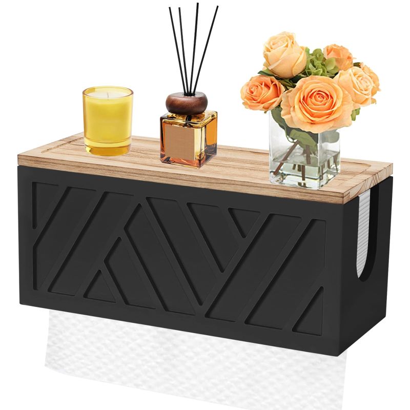 Paper Towel Dispenser 12 x 4.92 x 5.51 Inch Black Wall Mounted Napkin Holder - Space-Saving Dual-Function Wood Shelf Tissue Rack with One-Handed Access for Bathroom Kitchen - Image 1