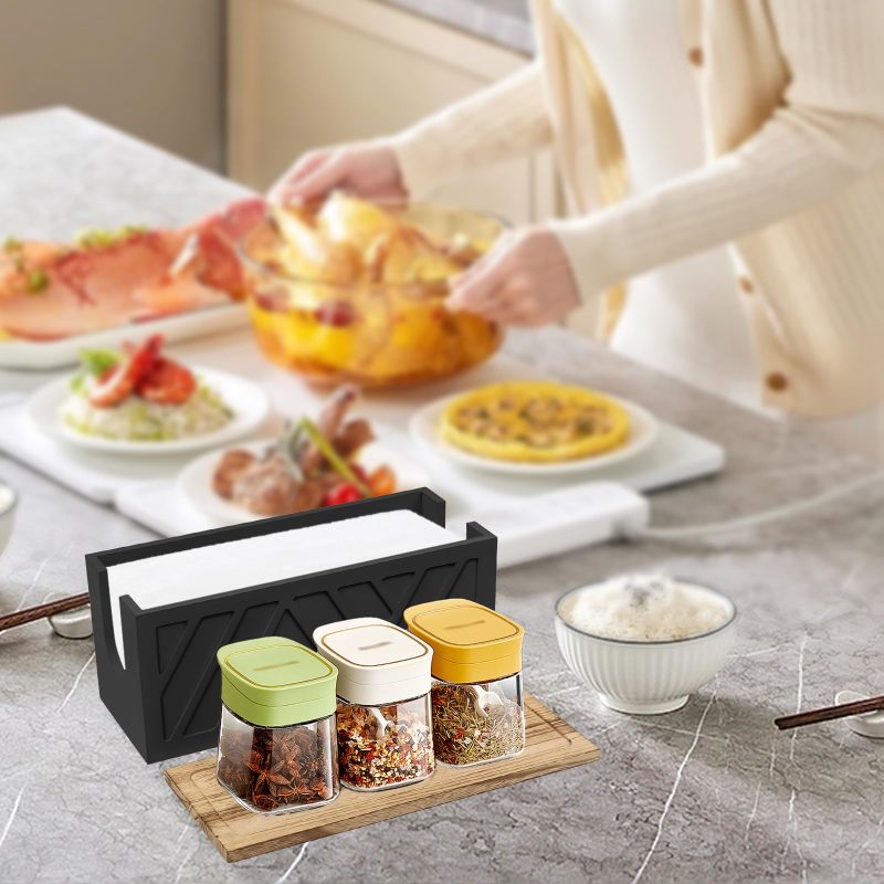 Paper Towel Dispenser 12 x 4.92 x 5.51 Inch Black Wall Mounted Napkin Holder - Space-Saving Dual-Function Wood Shelf Tissue Rack with One-Handed Access for Bathroom Kitchen - Image 3