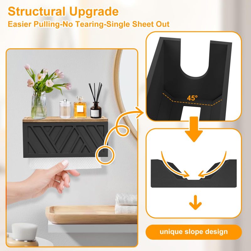 Paper Towel Dispenser 12 x 4.92 x 5.51 Inch Black Wall Mounted Napkin Holder - Space-Saving Dual-Function Wood Shelf Tissue Rack with One-Handed Access for Bathroom Kitchen - Image 5
