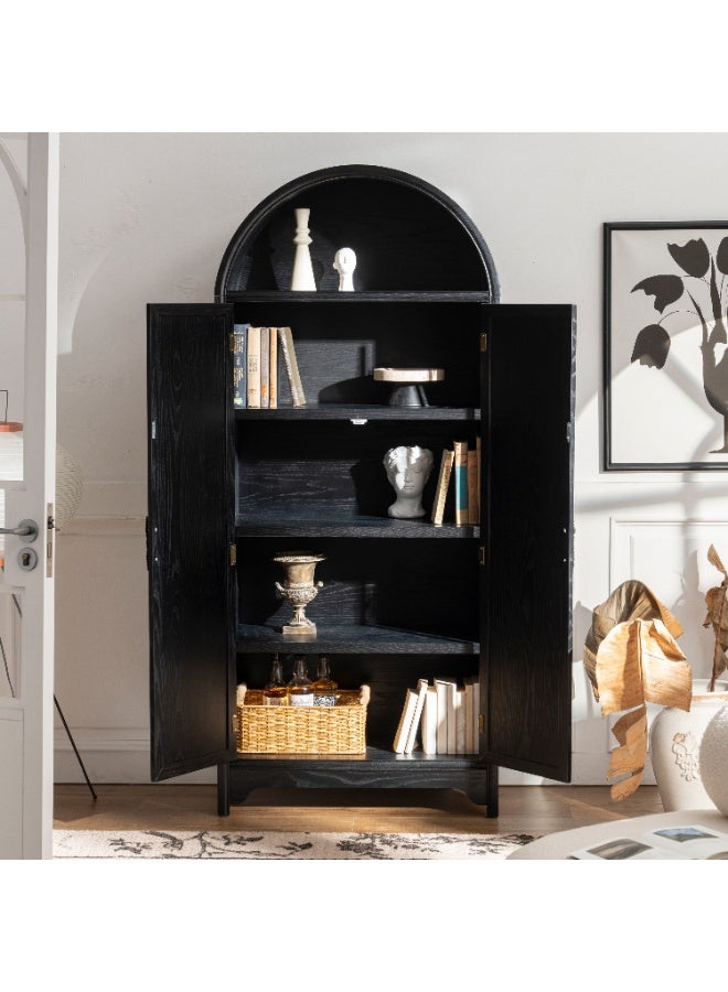 DOOHWAN Solid Wood Arched Storage Cabinet-Natural Wood Veneers&Water Based Paint Finished-Vintage 71 Inch Tall 5-Tier Bookcase with 2 Doors,Accent Cabinet for Living Room,Office,Study - Image 3