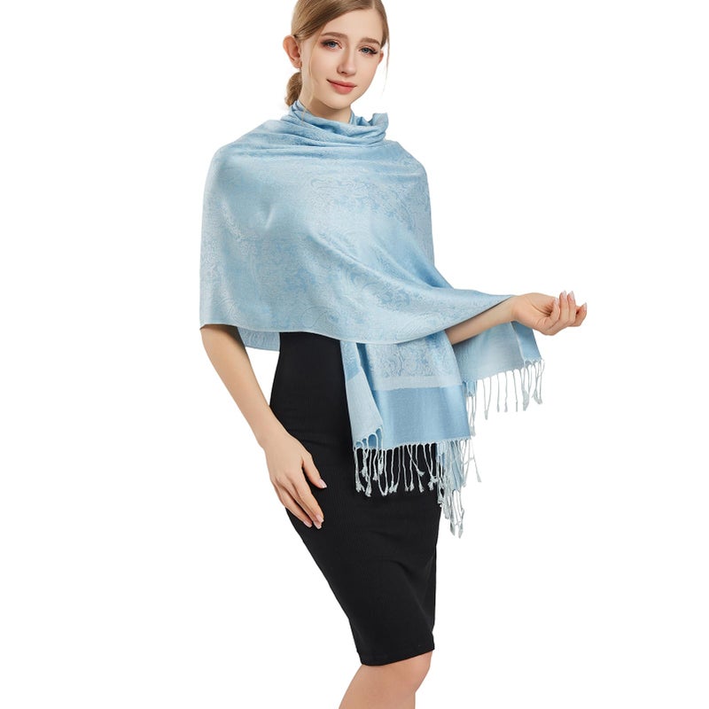 vimate Light Blue Pashmina Scarf-Spring Fall Winter Women's Classic Paisley Pattern Pashmina Shawls and Wraps for Wedding Guest (US-Style 1-Light Blue) - Image 3