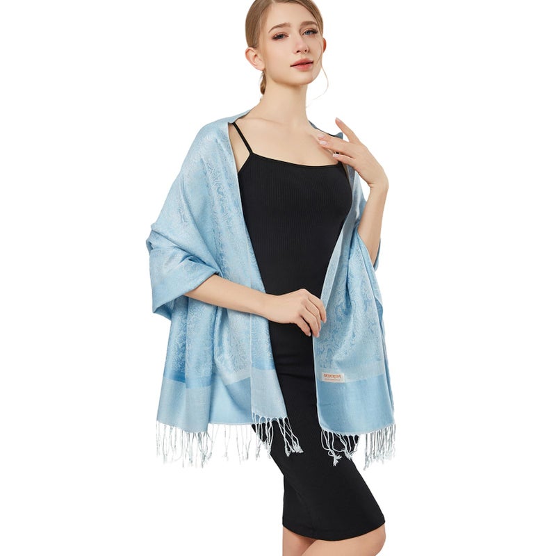 vimate Light Blue Pashmina Scarf-Spring Fall Winter Women's Classic Paisley Pattern Pashmina Shawls and Wraps for Wedding Guest (US-Style 1-Light Blue) - Image 2