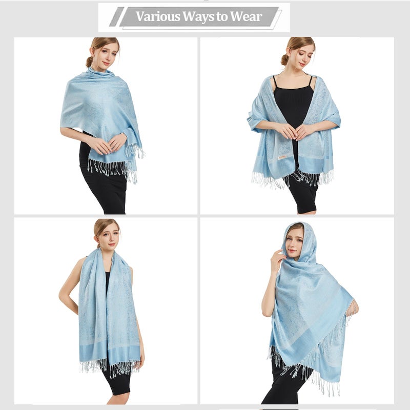 vimate Light Blue Pashmina Scarf-Spring Fall Winter Women's Classic Paisley Pattern Pashmina Shawls and Wraps for Wedding Guest (US-Style 1-Light Blue) - Image 4
