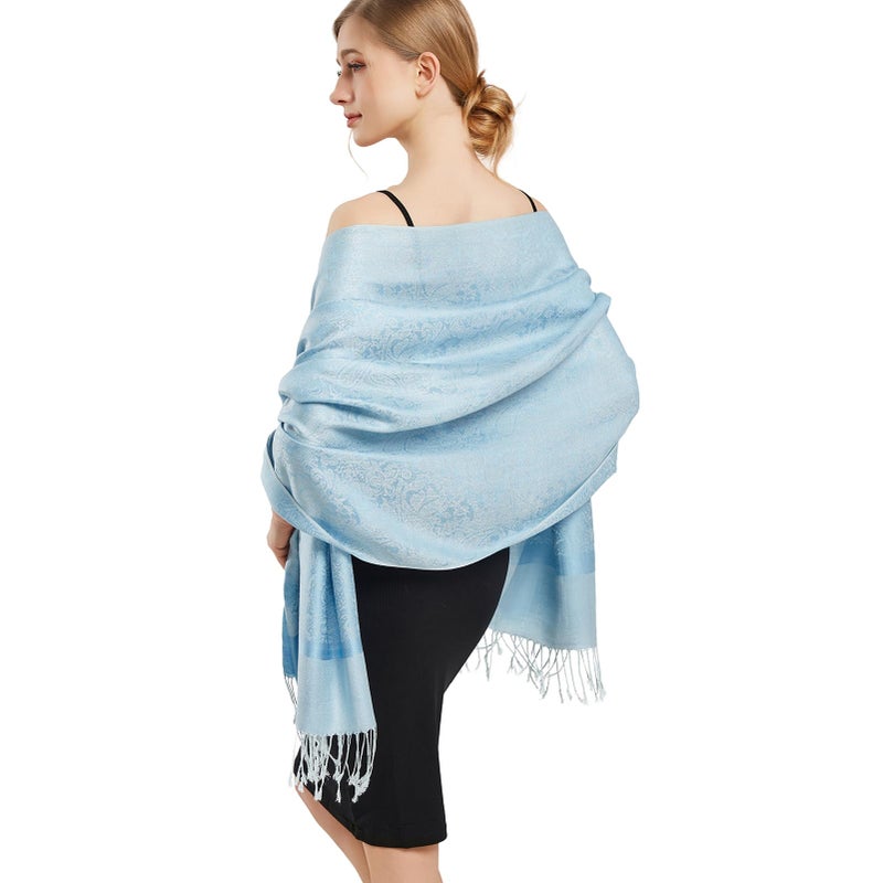 vimate Light Blue Pashmina Scarf-Spring Fall Winter Women's Classic Paisley Pattern Pashmina Shawls and Wraps for Wedding Guest (US-Style 1-Light Blue) - Image 1