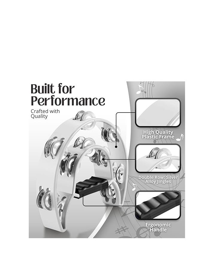 Megarya Megarya Half Moon Musical Tambourine (2 Pack, White) Double Row Metal Jingles Hand Held Percussion Drum with Ergonomic Handle Grip  - Image 3