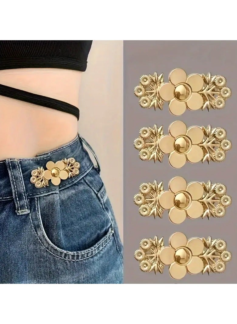 Goolsky A Set Of 2 Floral Denim Waist Tighteners, Instant Snap-on Golden Pants Adjusters, Detachable Seamless Denim Fabric Pins, Adjustable Waist Belt Floral Buckles - Perfect For Ladies And Girls To Wear. - Image 1