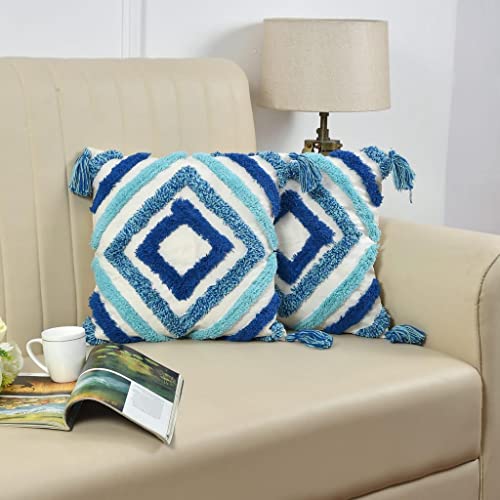 Outlay Home Decorative Throw Cushion Covers, Dark Blue Geometric Pattern with Pom Poms, Tufted Design with Back Zipper (16 X 16 Inch, 1 Piece) - Image 1