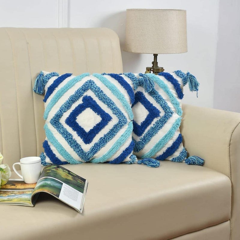 Outlay Home Decorative Throw Cushion Covers, Dark Blue Geometric Pattern with Pom Poms, Tufted Design with Back Zipper (16 X 16 Inch, 1 Piece) - Image 5