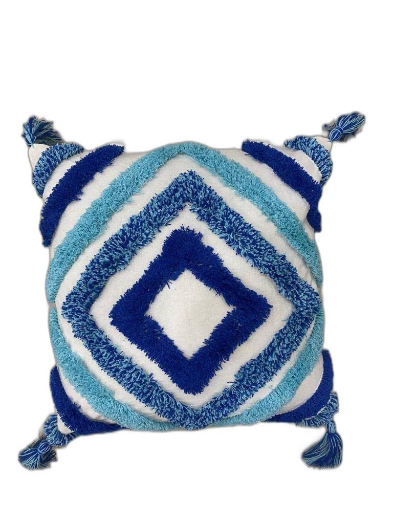 Outlay Home Decorative Throw Cushion Covers, Dark Blue Geometric Pattern with Pom Poms, Tufted Design with Back Zipper (16 X 16 Inch, 1 Piece) - Image 3