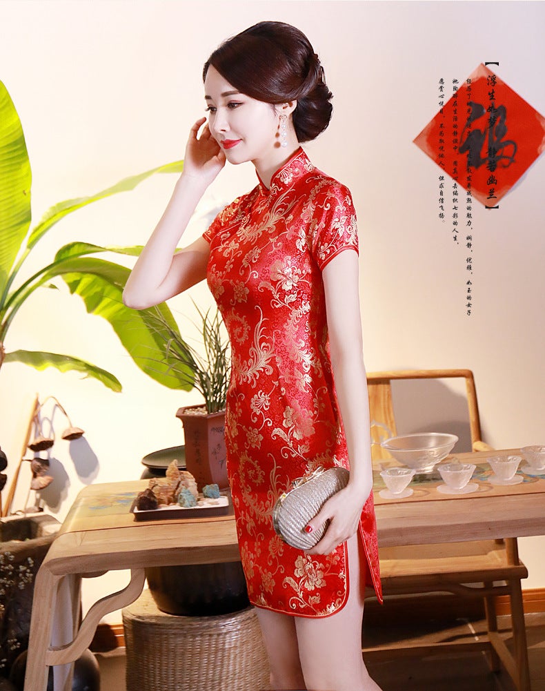 Tang Suit Short Cheongsam Stand Collar Slim Fit Low Slit Daily Banquet Costume Cheongsam - Image 1