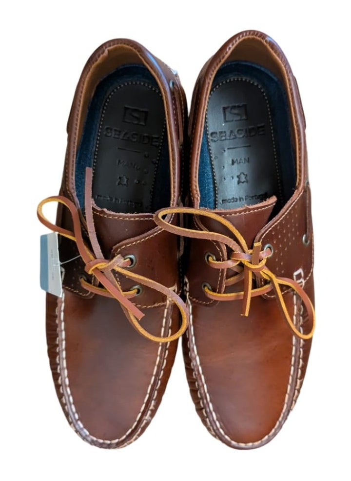 No branded EUR 41, Seaside Camel Brown Leather Boat Shoes, Made in Portugal  - Image 3