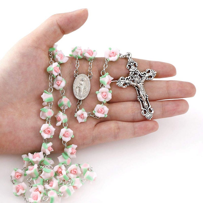 YWLI Rosary Beads Catholic, 6 Color, Confirmation Gifts, Lovely Polymer Clay Rose Necklace Jewelry, Silver Alloy Cross Necklace for Women, Gifts for Women - Image 2