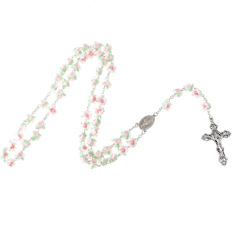 YWLI Rosary Beads Catholic, 6 Color, Confirmation Gifts, Lovely Polymer Clay Rose Necklace Jewelry, Silver Alloy Cross Necklace for Women, Gifts for Women - Image 4