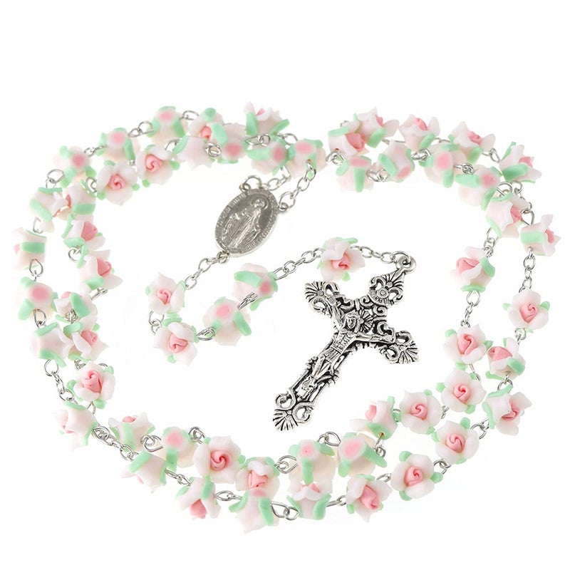 YWLI Rosary Beads Catholic, 6 Color, Confirmation Gifts, Lovely Polymer Clay Rose Necklace Jewelry, Silver Alloy Cross Necklace for Women, Gifts for Women - Image 1