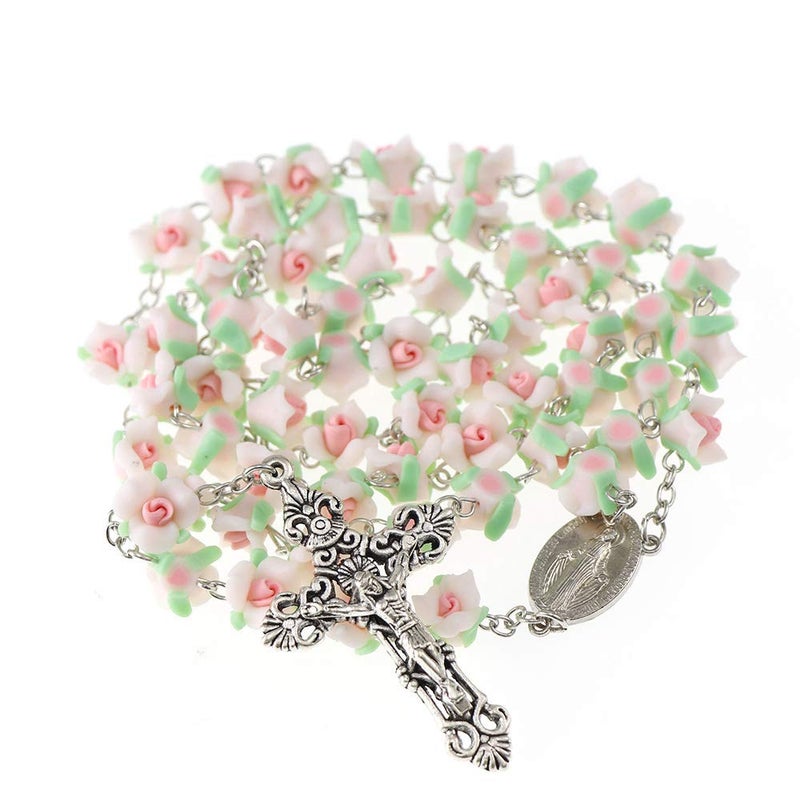YWLI Rosary Beads Catholic, 6 Color, Confirmation Gifts, Lovely Polymer Clay Rose Necklace Jewelry, Silver Alloy Cross Necklace for Women, Gifts for Women - Image 3