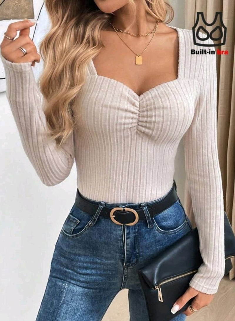 Shein SHEIN LUNE Women's Square Neck Ruched Bust Padded Bra Textured Thermal Comfortable Tee - Image 3