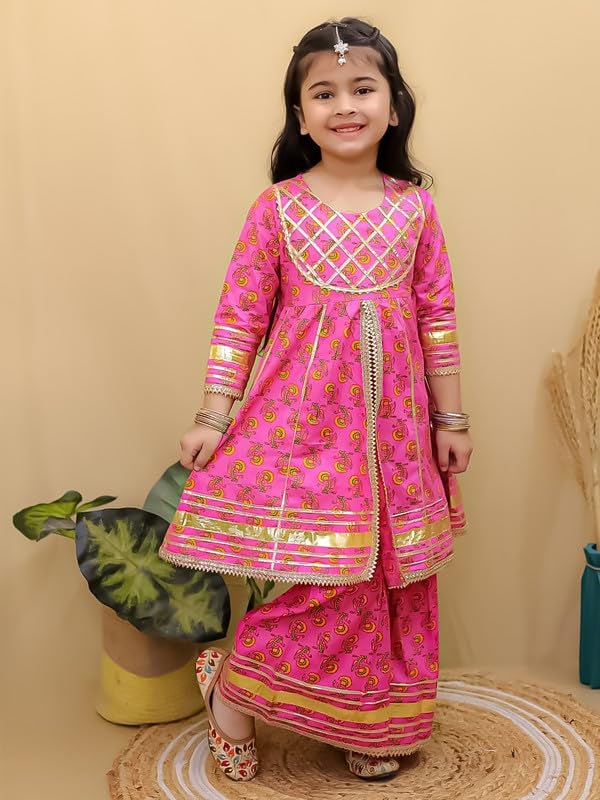 superminis Girls Cotton Floral Printed Gotta Work 3/4 Sleeves Kurti with Sharara Set Ethnic Wear (3-4 Years, Magenta), Pink - Image 4