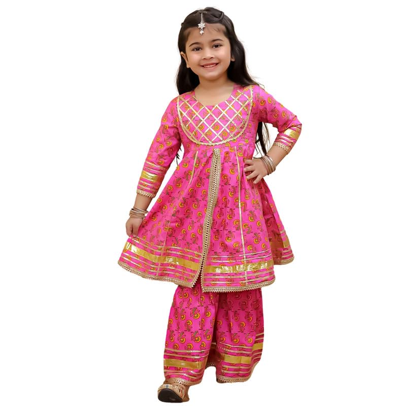 superminis Girls Cotton Floral Printed Gotta Work 3/4 Sleeves Kurti with Sharara Set Ethnic Wear (3-4 Years, Magenta), Pink - Image 1