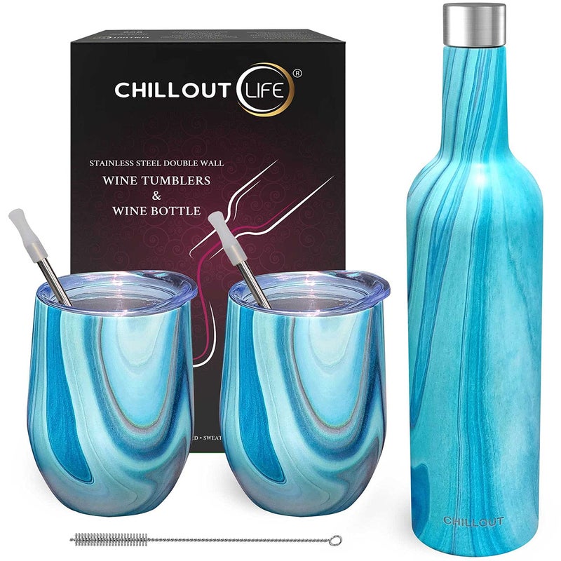 CHILLOUT LIFE Stainless Steel Wine Tumblers 2 Pack 12 oz  1 Insulated Wine Bottle  Double Wall Vacuum Insulated Wine Cups with Lids and Straws Set  Ocean Marble