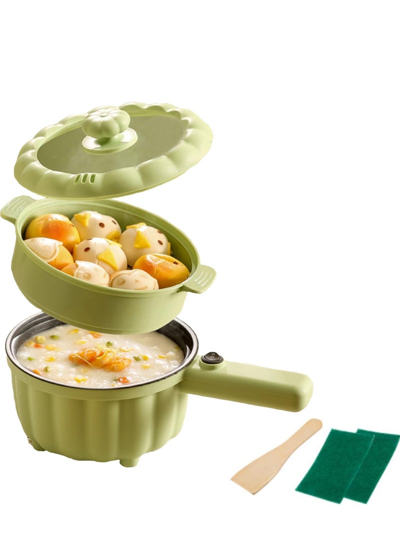XiuWoo Electric Frying Pan with Steamer,2L Non-Stick Electric Pan for Sauté, Pumpkin Shaped Electric Hot Pot, Multifunction Portable Travel Cooker, for Ramen Noodles/Pasta/Egg/Oatmeal, Green, with Steamer  - Image 1
