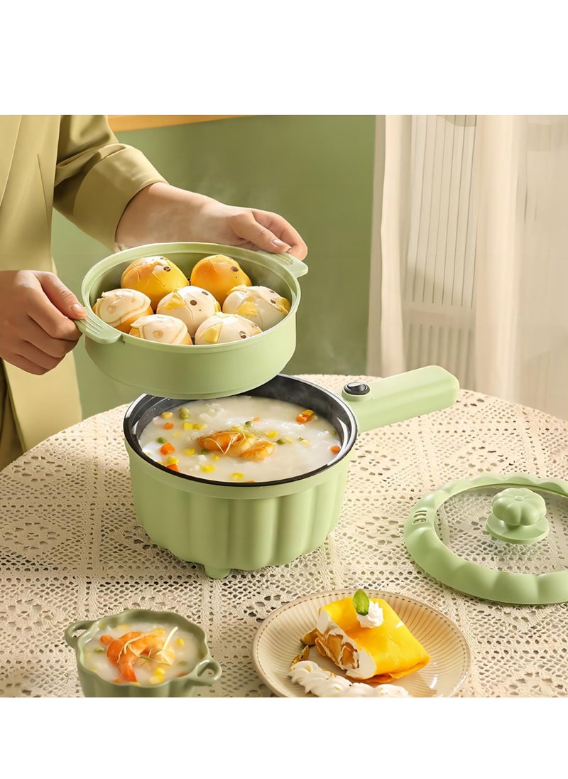 XiuWoo Electric Frying Pan with Steamer,2L Non-Stick Electric Pan for Sauté, Pumpkin Shaped Electric Hot Pot, Multifunction Portable Travel Cooker, for Ramen Noodles/Pasta/Egg/Oatmeal, Green, with Steamer  - Image 5