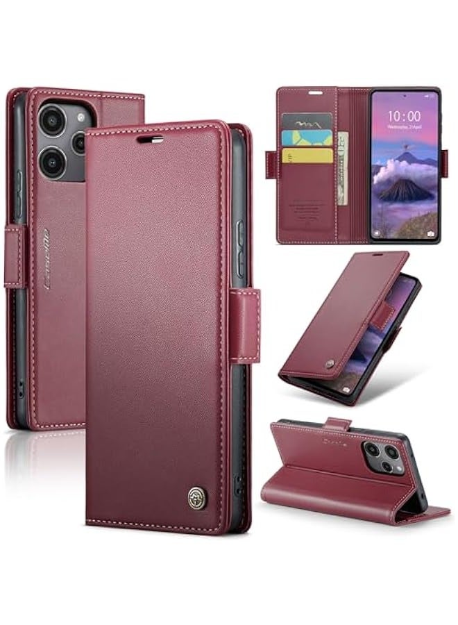 Premium Leather RFID Blocking Wallet Case for Xiaomi Redmi 12 4G / Poco M6 Pro 5G - Shockproof Phone Case with Magnetic Flip, Kickstand, and Credit Card Holder (Wine) - Image 1