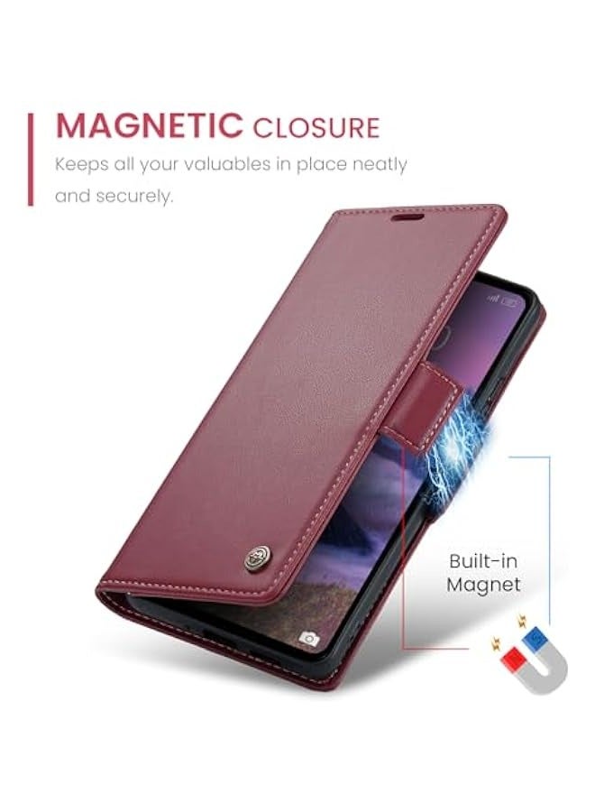 Premium Leather RFID Blocking Wallet Case for Xiaomi Redmi 12 4G / Poco M6 Pro 5G - Shockproof Phone Case with Magnetic Flip, Kickstand, and Credit Card Holder (Wine) - Image 4