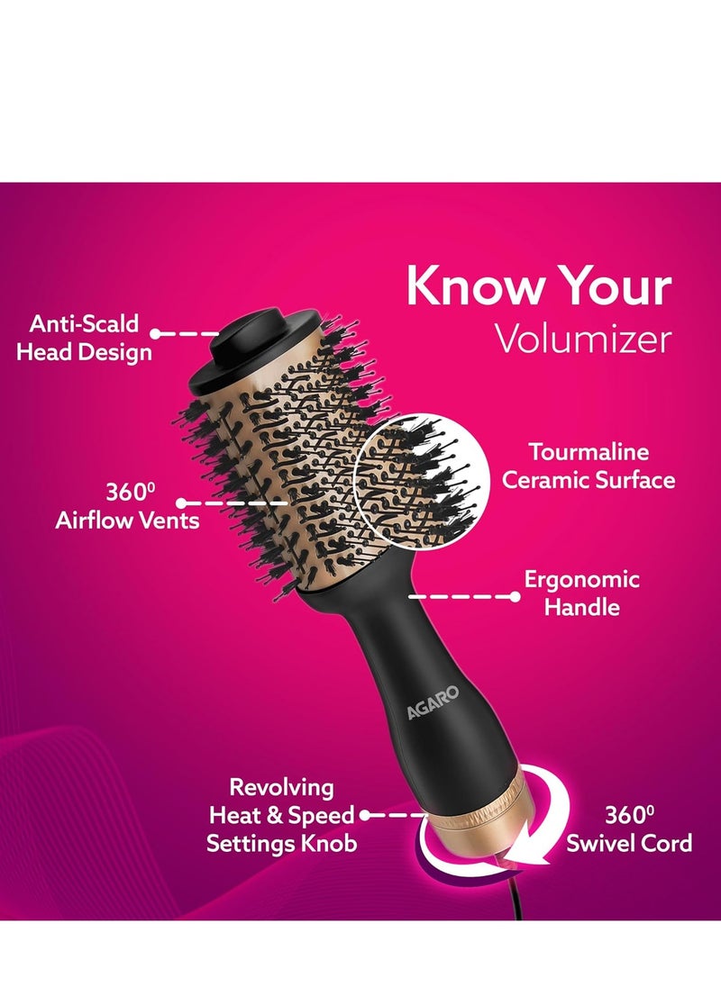 AGARO AGARO HV2179 1200 Watts Professional Volumizer Hair Dryer, 24K Gold Styling Surface, Activated Charcoal Bristles, Ceramic Tourmaline Coating Brush Head, One Step Styler, Hot Air Blow Brush for Women  - Image 5