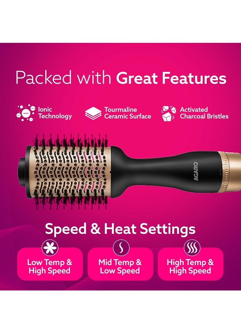 AGARO - AGARO HV2179 1200 Watts Professional Volumizer Hair Dryer, 24K Gold Styling Surface, Activated Charcoal Bristles, Ceramic Tourmaline Coating Brush Head, One Step Styler, Hot Air Blow Brush for Women - Image 1