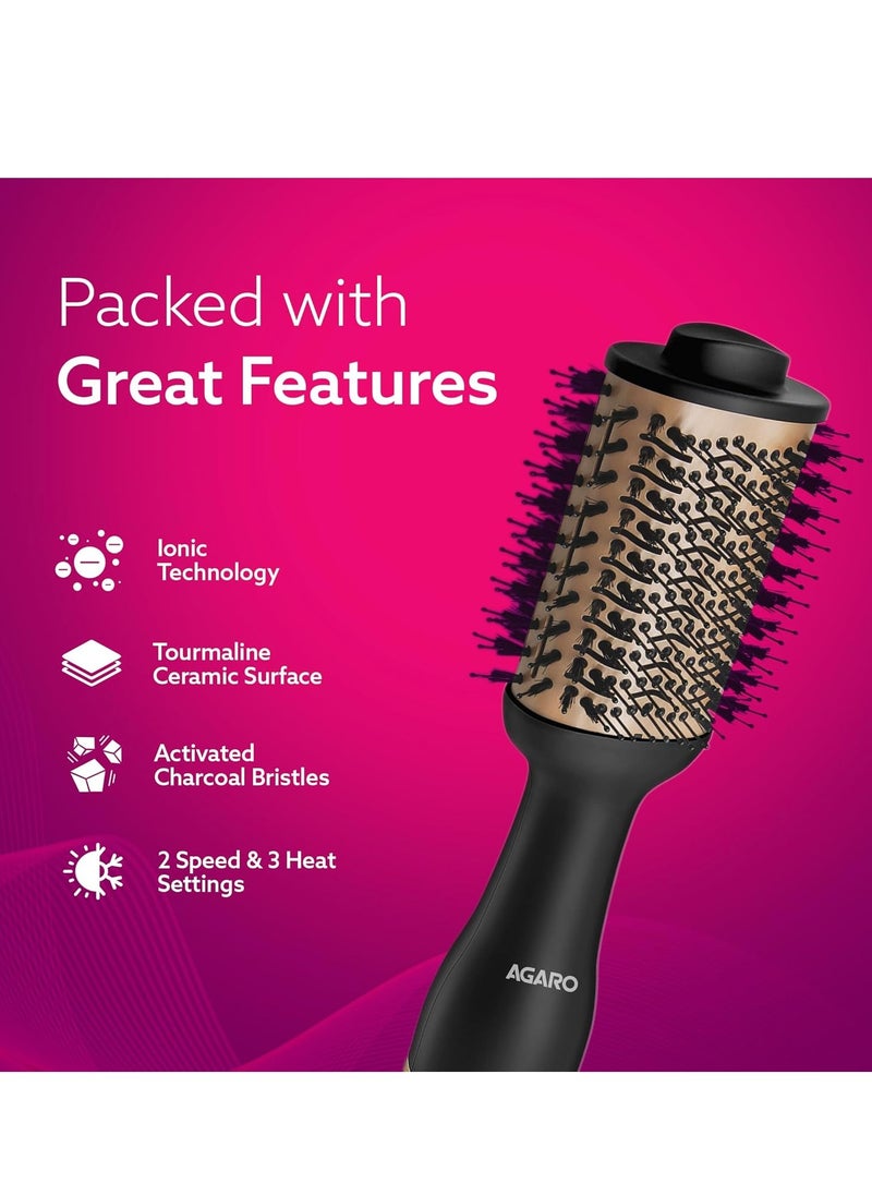 AGARO AGARO HV2179 1200 Watts Professional Volumizer Hair Dryer, 24K Gold Styling Surface, Activated Charcoal Bristles, Ceramic Tourmaline Coating Brush Head, One Step Styler, Hot Air Blow Brush for Women  - Image 2