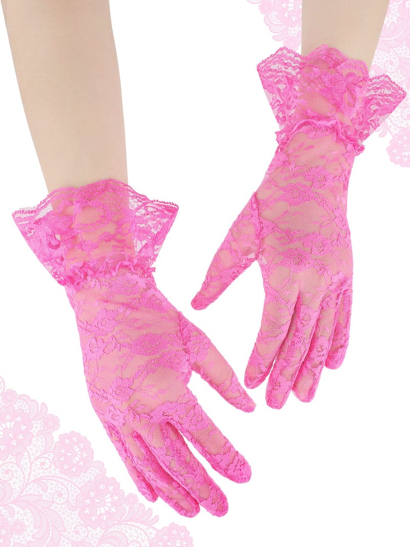 SATINIOR Ladies Lace Gloves for Women Tea Party Elegant Short Courtesy Gloves for Wedding Dinner Opera Parties(Rose Red) - Image 3
