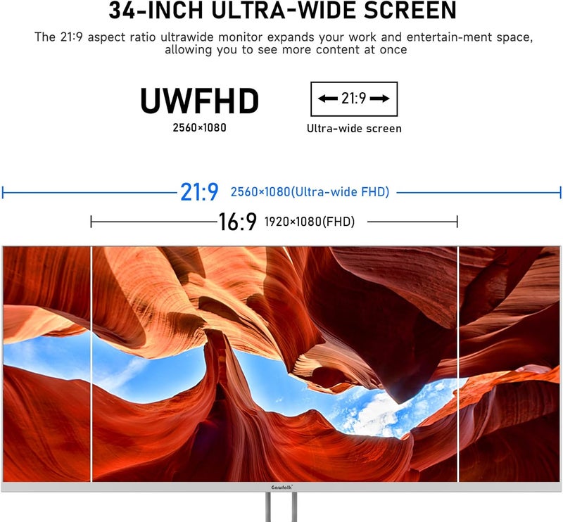 Gawfolk شاشة ألعاب 34 بوصة فائقة العرض 21:9 IPS WFHD 120Hz 2K (2560x1080) 120% sRGB 350cd/㎡ FreeSync HDR10 DP HDMI مناسبة للترفيه والمكتب والاستخدام المنزلي (أبيض) - Image 2