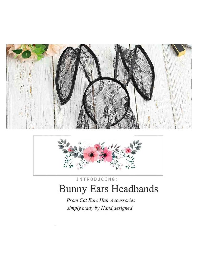 SYOSI Black Cat Ear Headband, Lace Bunny Ears Veil Headbands, Hair Hoop Lace Mask Hair Band Cosplay Headwear Costume Halloween Hair Accessories for Nightclubs Masquerade Halloween, Bunny Ears Veil - Image 3