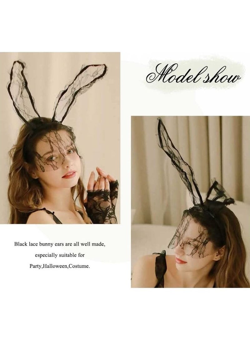 SYOSI Black Cat Ear Headband, Lace Bunny Ears Veil Headbands, Hair Hoop Lace Mask Hair Band Cosplay Headwear Costume Halloween Hair Accessories for Nightclubs Masquerade Halloween, Bunny Ears Veil - Image 2