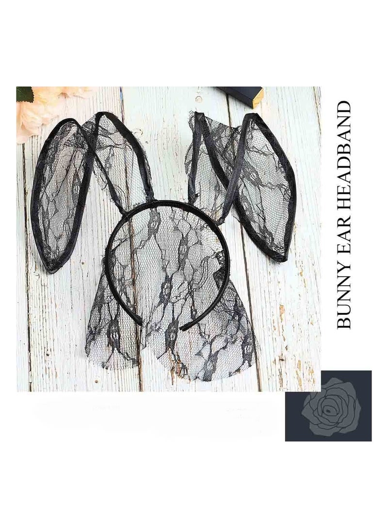 SYOSI Black Cat Ear Headband, Lace Bunny Ears Veil Headbands, Hair Hoop Lace Mask Hair Band Cosplay Headwear Costume Halloween Hair Accessories for Nightclubs Masquerade Halloween, Bunny Ears Veil - Image 4