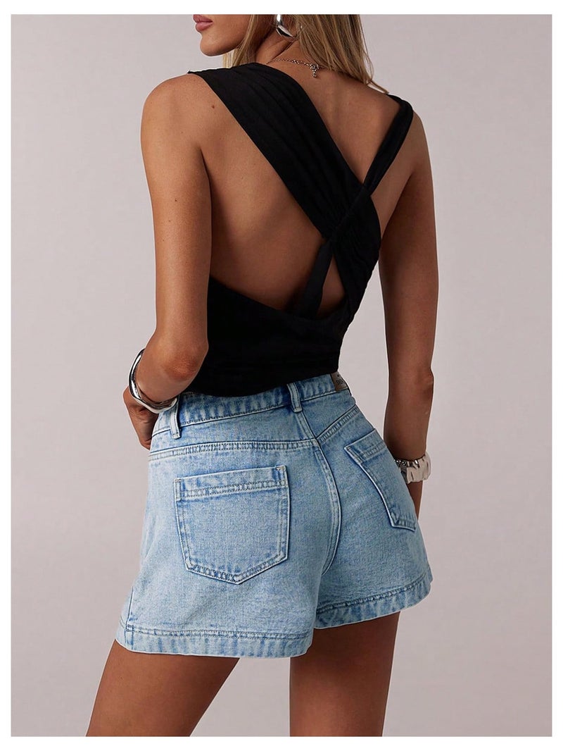MakeMeChic Women's Jean Denim Skorts Y2k Mini Skirt Vintage 90s Denim Skirt Streetwear Light Wash 27 - Image 4