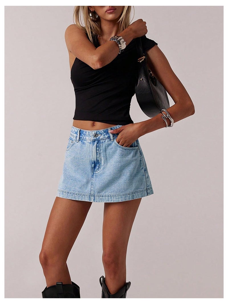 MakeMeChic Women's Jean Denim Skorts Y2k Mini Skirt Vintage 90s Denim Skirt Streetwear Light Wash 27 - Image 5