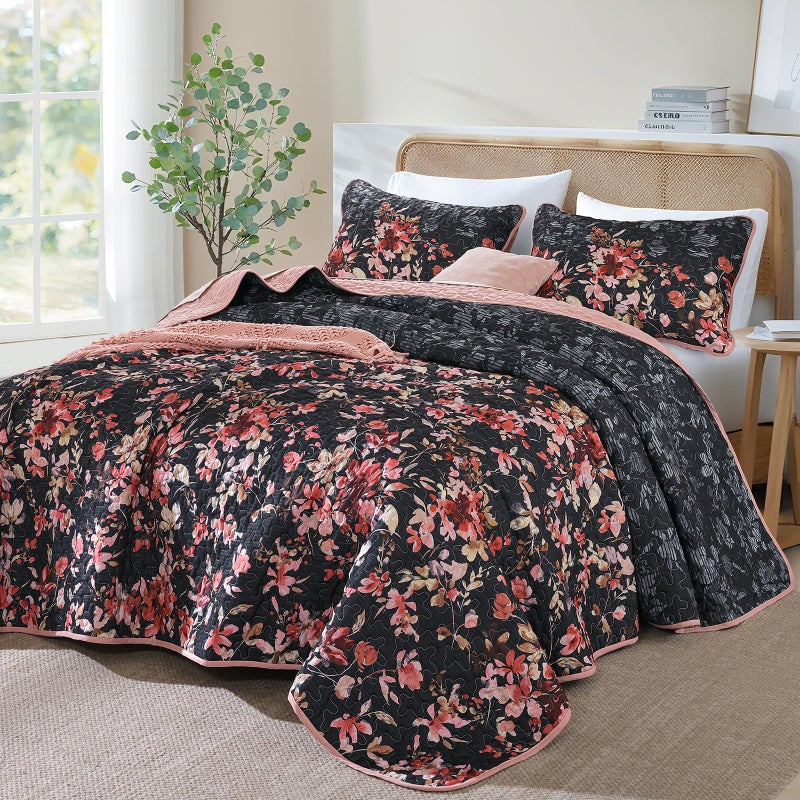 Dobuyly Floral Quilt Set King Size, Pink and Black Bedspreads Coverlet Set, 3 Pieces Soft Lightweight Microfiber Botanical Flowers Quilt Bedding Set for All Seasons 110"x90" - Image 2