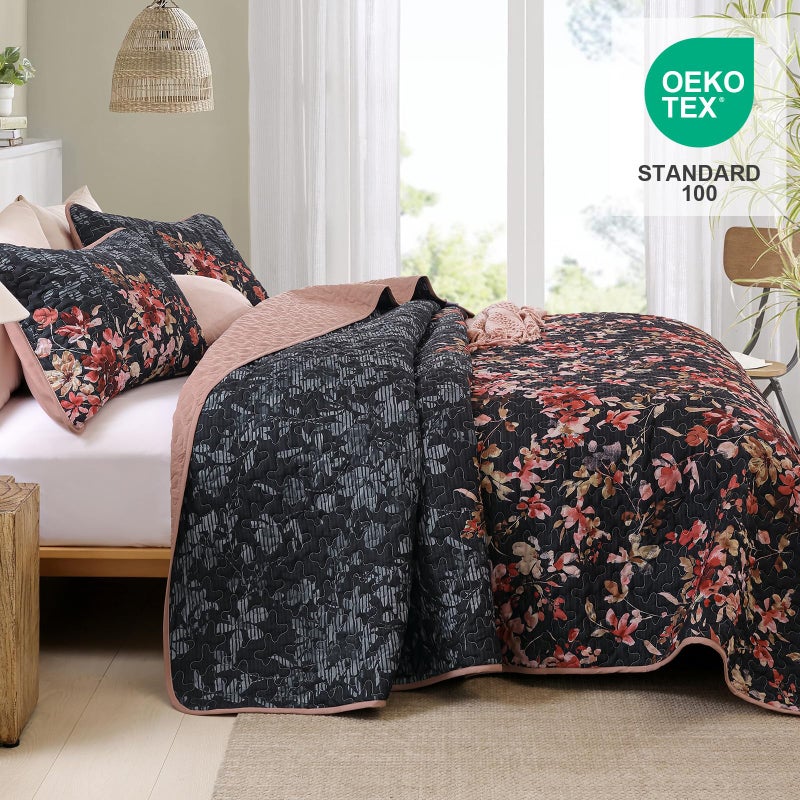 Dobuyly Floral Quilt Set King Size, Pink and Black Bedspreads Coverlet Set, 3 Pieces Soft Lightweight Microfiber Botanical Flowers Quilt Bedding Set for All Seasons 110"x90" - Image 3