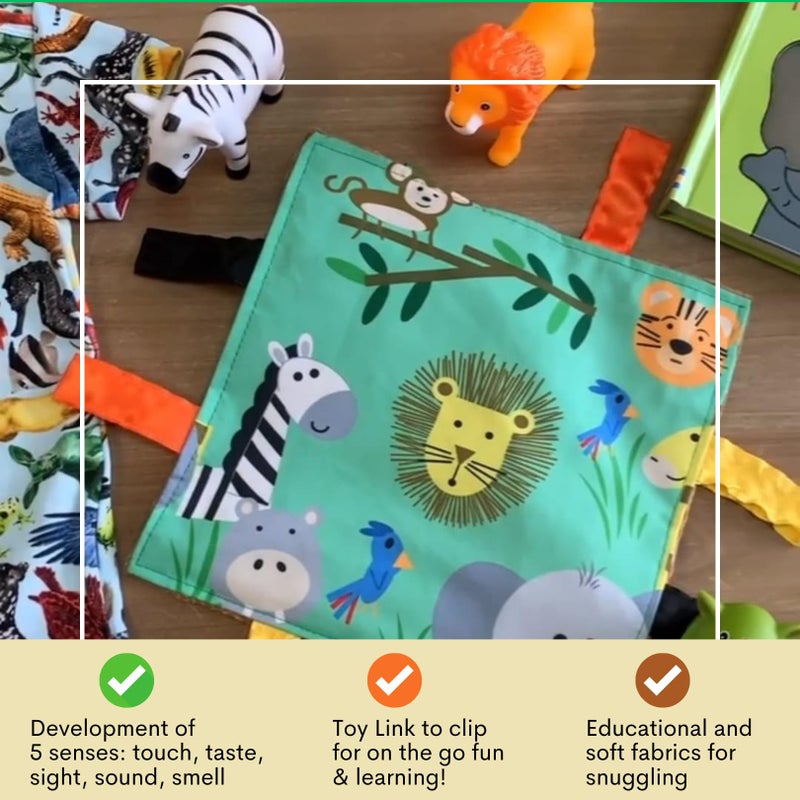 The Learning Lovey Baby Jack & Co 8x8” Jungle Zoo Animals Lovey Tag Toys for Babies - Crinkle Toys for Development of 5 Senses - Soft & Safe - Learn Shapes & Colors - Tummy Time - Soother - BPA Free w/Stroller Clip - Image 5