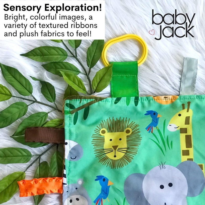 The Learning Lovey Baby Jack & Co 8x8” Jungle Zoo Animals Lovey Tag Toys for Babies - Crinkle Toys for Development of 5 Senses - Soft & Safe - Learn Shapes & Colors - Tummy Time - Soother - BPA Free w/Stroller Clip - Image 4