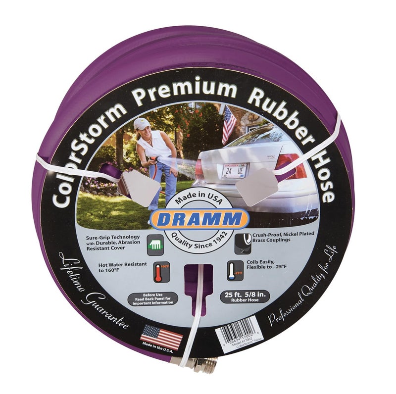 Dramm ColorStorm Premium Rubber Garden Hose, No Kink, Leak Proof Water Hose, Male Female Fittings, Made in USA, Hot & Cold Resistant, 518 Burst PSI, Berry, 5/8"x50' - Image 1