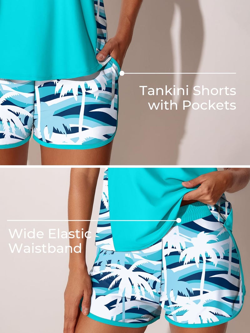 Summer Mae Blouson Tankini Swimsuits for Women 2026 Tummy Control Two Piece Bathing Suits with Sporty Pockets Swim Shorts Coconut Tree on The Sea Size 16 - Image 4