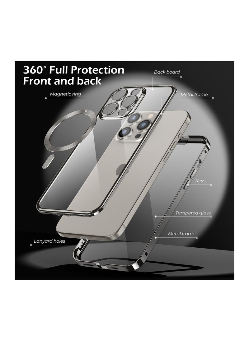 SYOSI - Double-Sided Magnetic for iPhone 15 Pro Max Case, Full-Coverage Protective Case for iPhone 15 Pro Max with Metal Glass Screen Protector Buckle and Camera Lens Protector - Natural Titanium - Image 1