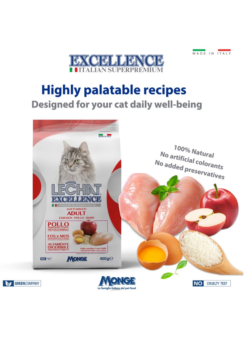 Monge Lechat Excellence by Monge | Adult Cat Dry Food with Chicken, Rice, Egg and Apple | Super Premium Complete Dry Cat Food - 400g - Image 3