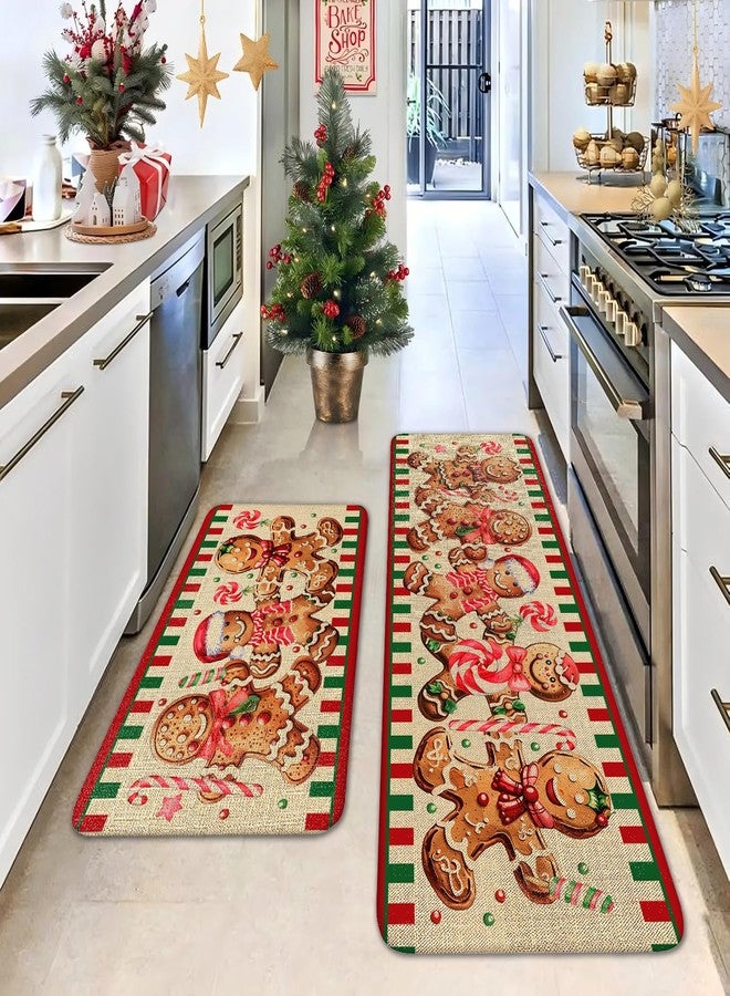 wyoansfhd Christmas Kitchen Mats Set of 2, Linen Xmas Kitchen Rugs, Gingerbread Man & Candy Cane Design, Non - Slip Floor Mats for Kitchen, Entryway Christmas Decor 17x30+17x47 Inch - Image 3