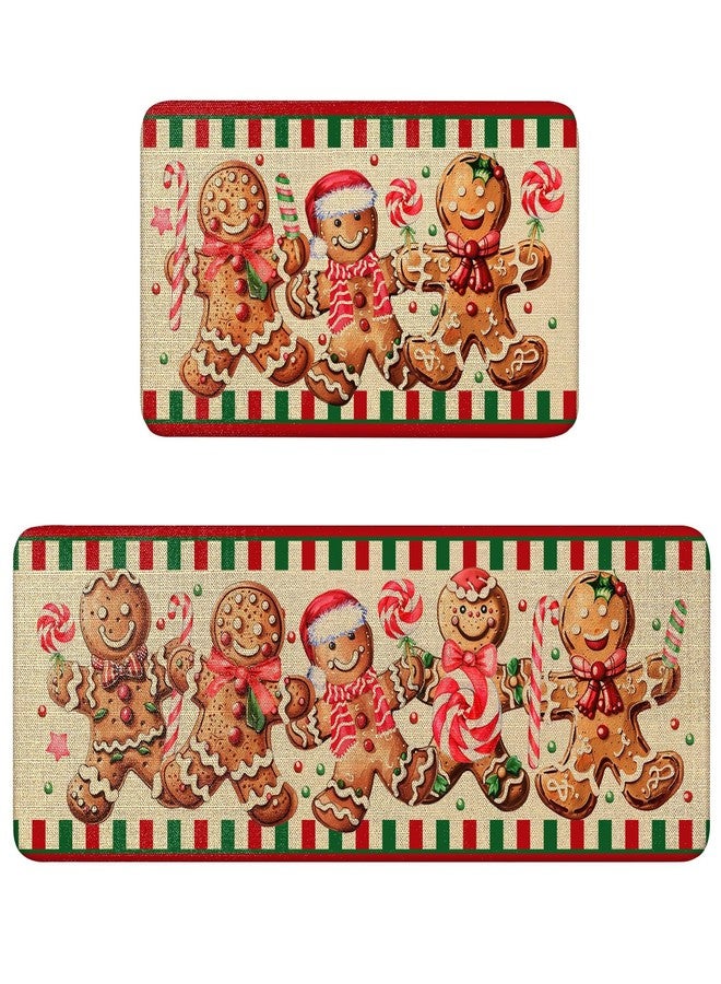 wyoansfhd Christmas Kitchen Mats Set of 2, Linen Xmas Kitchen Rugs, Gingerbread Man & Candy Cane Design, Non - Slip Floor Mats for Kitchen, Entryway Christmas Decor 17x30+17x47 Inch - Image 1