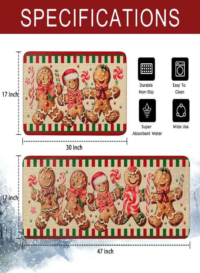 wyoansfhd Christmas Kitchen Mats Set of 2, Linen Xmas Kitchen Rugs, Gingerbread Man & Candy Cane Design, Non - Slip Floor Mats for Kitchen, Entryway Christmas Decor 17x30+17x47 Inch - Image 4