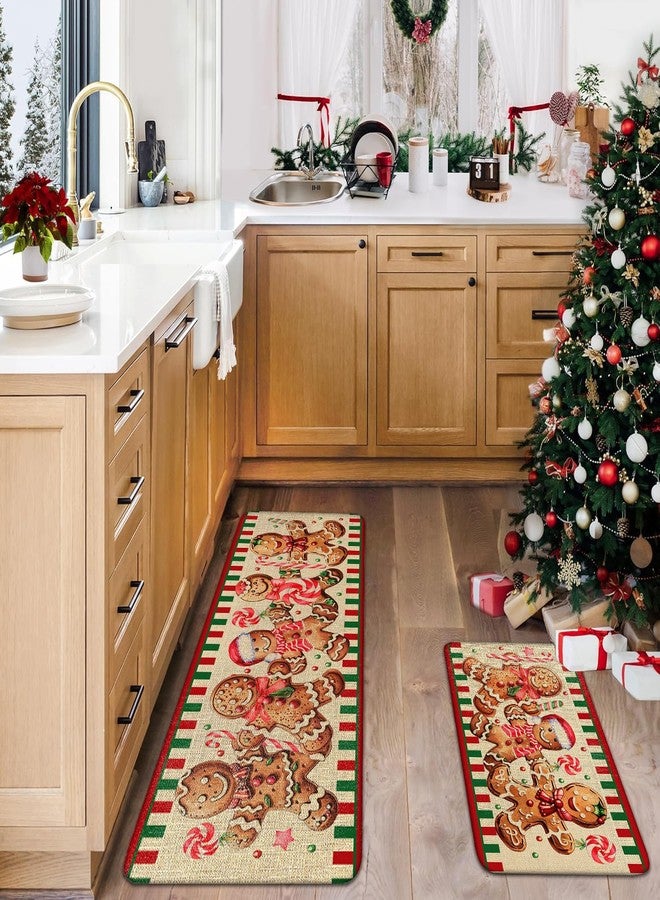 wyoansfhd Christmas Kitchen Mats Set of 2, Linen Xmas Kitchen Rugs, Gingerbread Man & Candy Cane Design, Non - Slip Floor Mats for Kitchen, Entryway Christmas Decor 17x30+17x47 Inch - Image 2